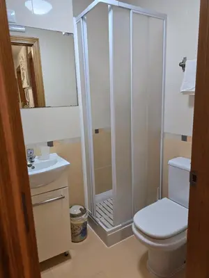 a white bathroom with a toilet and a shower at Pension Myriam O PEDROUZO in O Pedrouzo