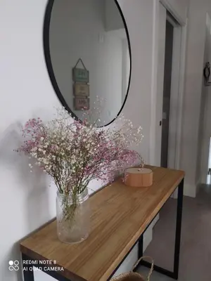 a mirror sitting on top of a table with flowers at Apartamentos Pontedeume Riadoeume in Puentedeume