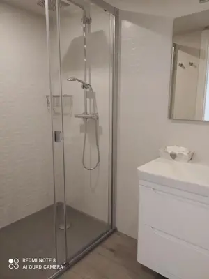 a glass shower in a bathroom with a sink at Apartamentos Pontedeume Riadoeume in Puentedeume