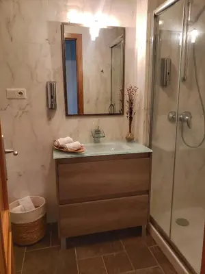 a bathroom with a sink and a shower at Santiago Sur, Camino Portugués in Milladoiro