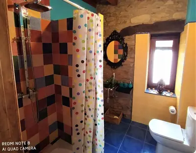 a bathroom with a shower curtain and a toilet at La obra de Joaquin, tu rincón en el Bierzo alto in Folgoso de la Ribera