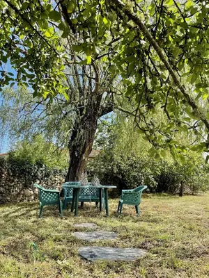 a picnic table and two benches under a tree at A Casa de Pia in Sober