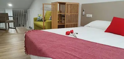 a bedroom with a bed with a red flower on it at Apartamentos Antares 3 in Milladoiro
