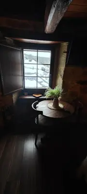a table with a potted plant on it in front of a window at El Cuarto in Suarbol