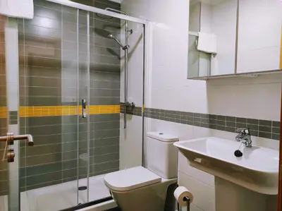a bathroom with a shower and a toilet and a sink at Figueras 5 in figueras