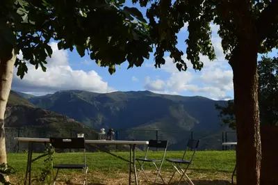 a table and chairs under a tree with mountains in the background at Eco dos Teixos in Casayo