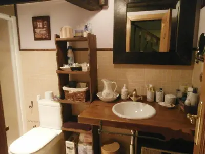 a bathroom with a sink and a toilet and a mirror at Villa de Castro in Villar de los Barrios