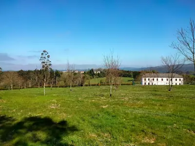 a field with trees and a building in the background at Albergue Abeiro do Sor in Santa María
