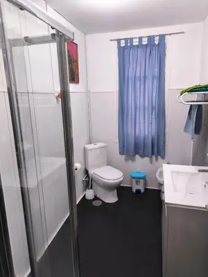 a bathroom with a toilet and a blue shower curtain at Tonos de Azul in Ponferrada