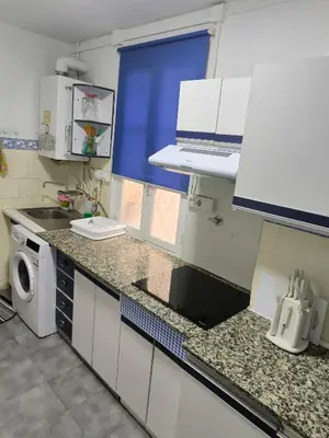 a kitchen with a sink and a washing machine at Tonos de Azul in Ponferrada