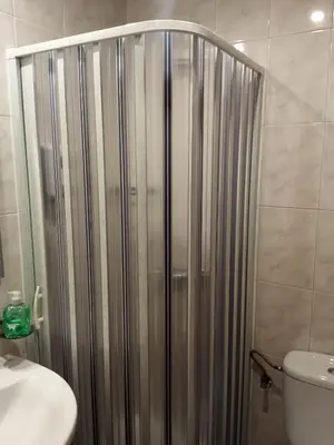 a shower in a bathroom with a toilet and a sink at Pensión KM66 Palas de Rei in Palas de Rei