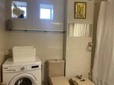 a bathroom with a toilet and a washing machine at Minâ in Taramundi