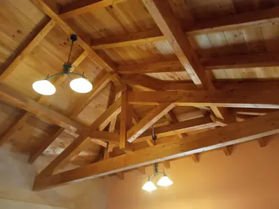 a coffered ceiling in a room with two lights at Casa la ti María la viuda in Riego de Lomba