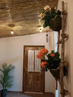 a room with a door and flowers on the wall at La casa de Angel y Olimpia in Lugo