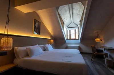 a bedroom with a large bed with a skylight at No-Mad Green Hotel in Molinaseca