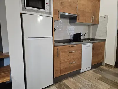 a kitchen with a white refrigerator and a microwave at Apartamentos Rurales Lola Penarronda in Castropol