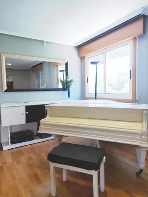 a white piano in a room with a mirror at CHALET A SOLO 5 MIN DE OURENSE CIUDAD con jardín y barbacoa in Ourense