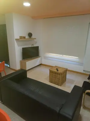 a living room with a black couch and a flat screen tv at Hostal Carpinteiras in Rodeiro