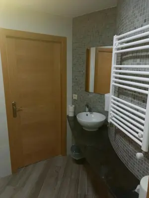 a bathroom with a sink and a wooden door at Hostal Carpinteiras in Rodeiro