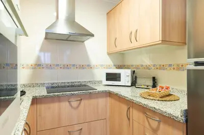 a kitchen with wooden cabinets and a microwave at ***** Solaina das Burgas ***** en el Casco Viejo in Ourense