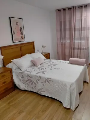 a bedroom with a large bed with white sheets and pink pillows at Casilla in Sarria
