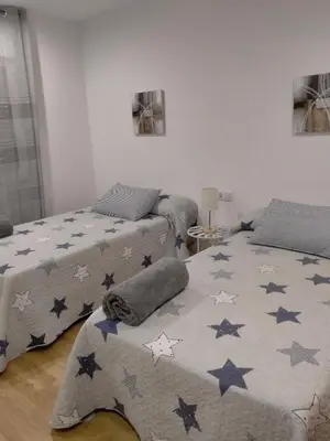 a bedroom with two beds and a blanket with stars at Casilla in Sarria