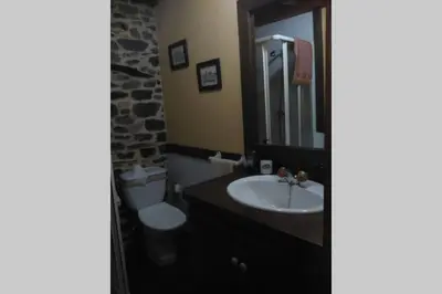 a bathroom with a sink and a toilet and a mirror at Casa da Penisquela in O Barco de Valdeorras