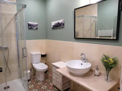 a bathroom with a sink and a toilet and a mirror at Apartamentos Minas de Silvarosa in Viveiro