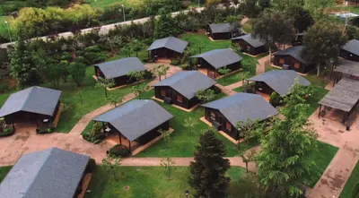 an overhead view of a group of houses with roofs at Cabañas bungalow, El Bosque de los Sueños in Cubillos del Sil