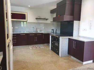 a kitchen with dark brown cabinets and a sink at Villa Rosa in Silleda