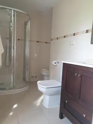 a bathroom with a toilet and a shower and a sink at Villa Rosa in Silleda