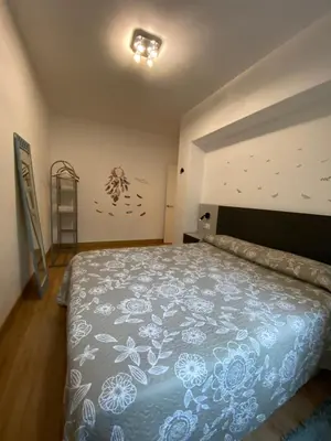 a bedroom with a bed with a blue and white bedspread at CERCA DE TODO in Santiago de Compostela