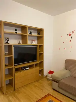 a living room with a entertainment center with a flat screen tv at CERCA DE TODO in Santiago de Compostela