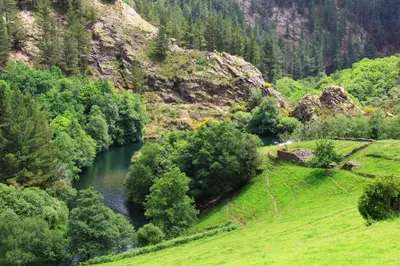 an aerial view of a river in a valley at La Posada de Oscos II in Santa Eulalia de Oscos