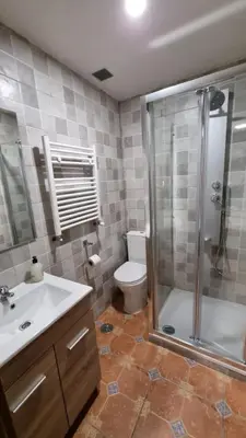 a bathroom with a shower and a toilet and a sink at Casa Mariana in Lubián