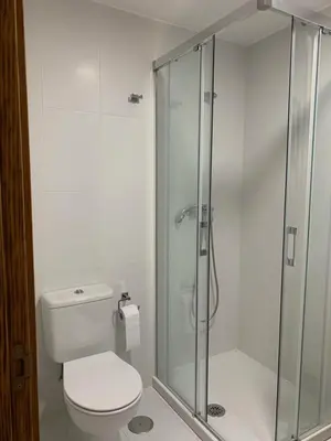 a bathroom with a toilet and a glass shower at Apartamento Porta da Vila in Viveiro