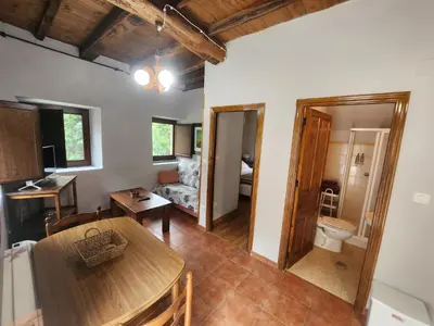 a large kitchen with a table and a stove at Valles del Narcea, Apartamentos Rurales in Cangas del Narcea