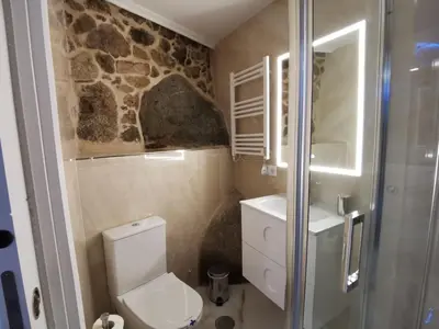 a small bathroom with a toilet and a sink at Loft con Jacuzzi os Arcos in Sober