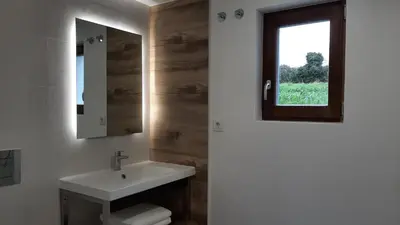 a bathroom with a sink and a window at Rectoral de Boente in Arzúa