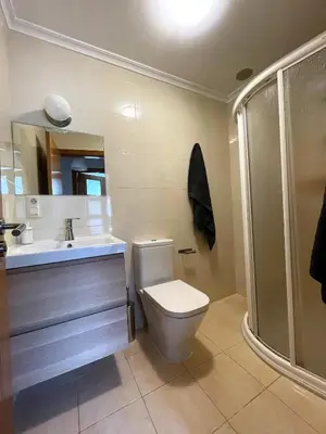a bathroom with a toilet and a sink and a shower at Piso Lomberte in Allariz