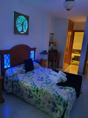 a bedroom with a bed with a tree picture on the wall at Pension A Barca in O Barco de Valdeorras