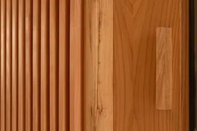 a wood paneled wall with a piece of wood at Ferreiros - Wood Design apartments in Puentedeume