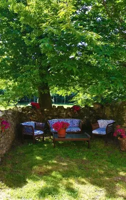 a group of chairs and a bench under a tree at Casa do Castiro in Palas de Rei