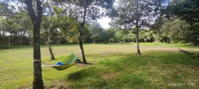 a person laying in a hammock in a field with trees at Casa do Castiro in Palas de Rei