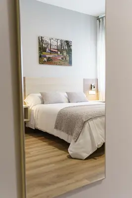 a bedroom with a bed and a mirror at PENSIÓN CASA ELENA *** in Arzúa