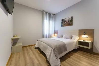 a bedroom with a large bed and a television at PENSIÓN CASA ELENA *** in Arzúa