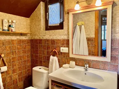 a bathroom with a sink and a toilet and a mirror at La Casita de Chocolate - Encanto Rural en Espinoso de Compludo - El Bierzo in Ponferrada