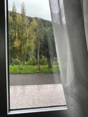 a window with a view of a road and trees at Neverending Nature León in Tremor de Arriba