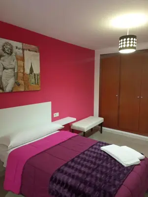 a bedroom with a bed and a red wall at O novo alto do couso in Ourense