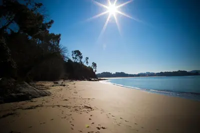 a sandy beach with the sun in the sky at Apartamento Playa Lago in A Coruña
